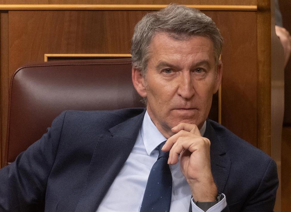 El presidente del PP, Alberto Núñez Feijóo, durante una sesión plenaria en el Congreso de los Diputados, a 20 de noviembre de 2024, en Madrid (España). Ribera protagoniza la sesión con dos preguntas de la oposición y una comparecencia para explicar la g