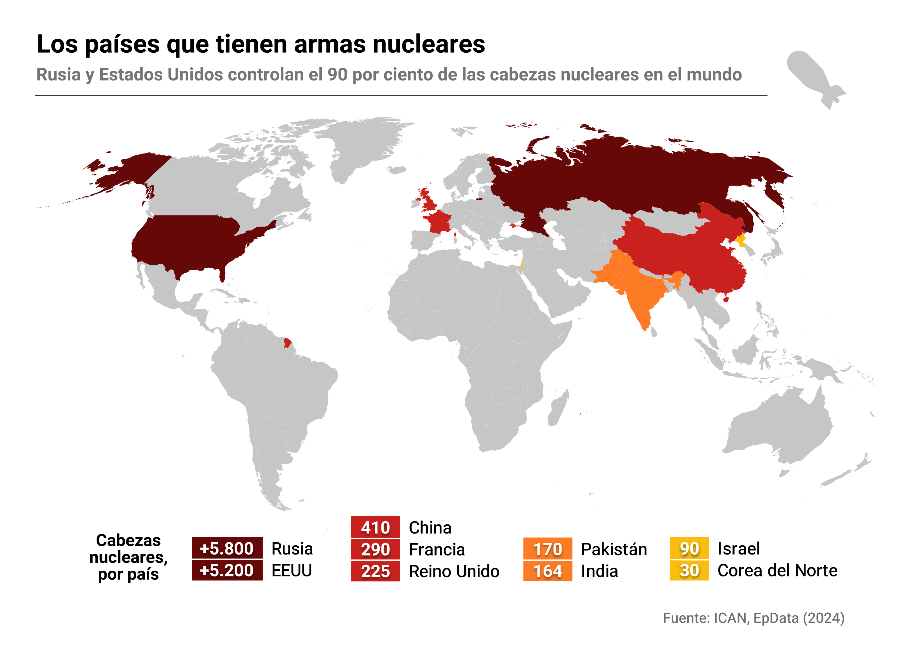 Mapa que representa el número de cabezas nucleares que tiene cada país. Rusia aún tiene a su disposición más de 5.800 cabezas nucleares, mientras que en los almacenes de Estados Unidos habría más de 5.