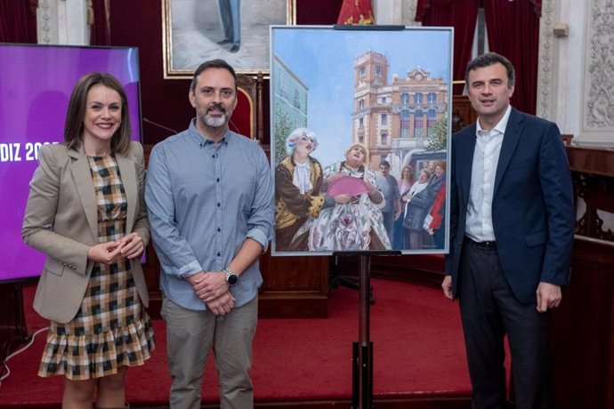 El alcalde de Cádiz, Bruno García, y la teniente de alcalde de Fiestas y Carnaval, Beatriz Gandullo, junto al autor del cartel del Carnaval de Cádiz, Fernando Devesa.