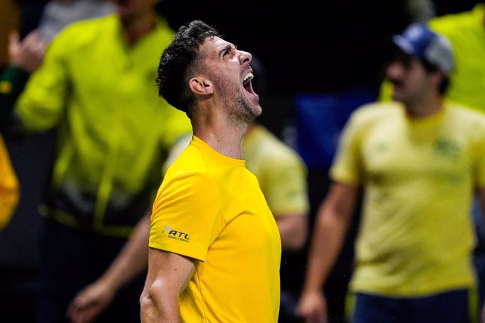 Thanasi Kokkinakis of Australia celebrates after winning against Ben Shelton of United States of America during the Davis Cup 2024 tennis match, Quarter Finals, played between United States of America and Australia at Martin Carpena Pavilion on November 2