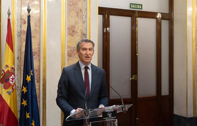 El presidente del Partido Popular, Alberto Núñez Feijóo, durante una rueda de prensa en el Congreso, a 21 de noviembre de 2024, en Madrid (España). El líder del PP, Alberto Núñez Feijóo, ha pedido de nuevo la dimisión del jefe del Ejecutivo tras las dec