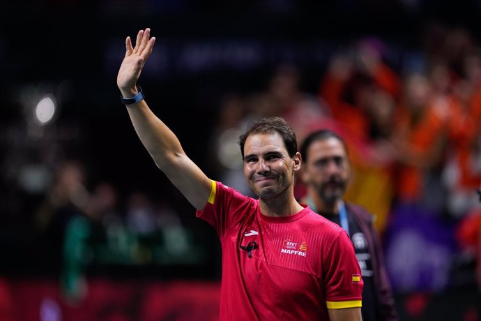 Rafael Nadal of Spain during the tribute to his career in his farewell to professional tennis during the Davis Cup 2024 at Martin Carpena Pavilion on November 19, 2024, in Malaga, Spain