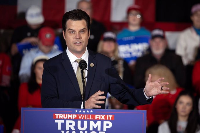 November 4, 2024, Marietta, Georgia, USA: Florida  Congressman Matt Gaetz   speaks at Trump-Vance rally on election eve near Atlanta