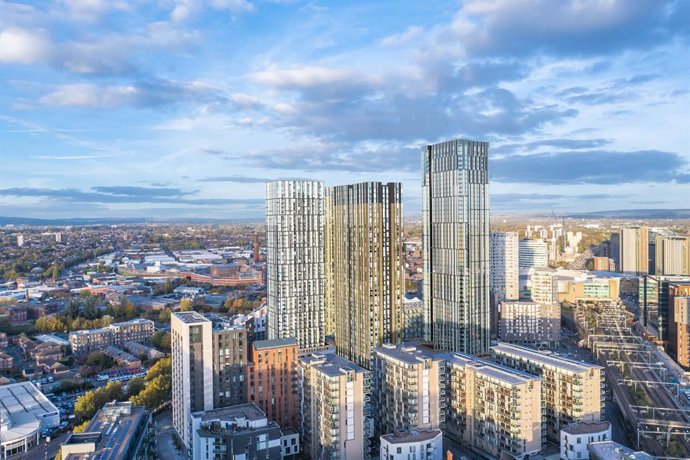 Starlight Investments acquires 40-storey residential tower under development in Manchester's Greengate neighborhood (Development rendering).