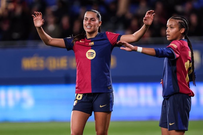 Kika Nazareth of FC Barcelona Femenino celebrates a goal during the UEFA Women's Champions League 2024/25 Group Stage MD3, football match played between FC Barcelona and SKN St. Polten at Johan Cruyff Stadium on November 12, 2024 in Sant Joan Despi, Spain