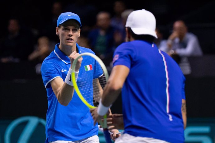 Jannik Sinner of Italy celebrates a point against Molteni Andres and Maximo Gonzalez of Argentina during the Davis Cup 2024 tennis match, Quarter Finals, played between Italy and Argentina at Martin Carpena Pavilion on November 21, 2024, in Malaga, Spain