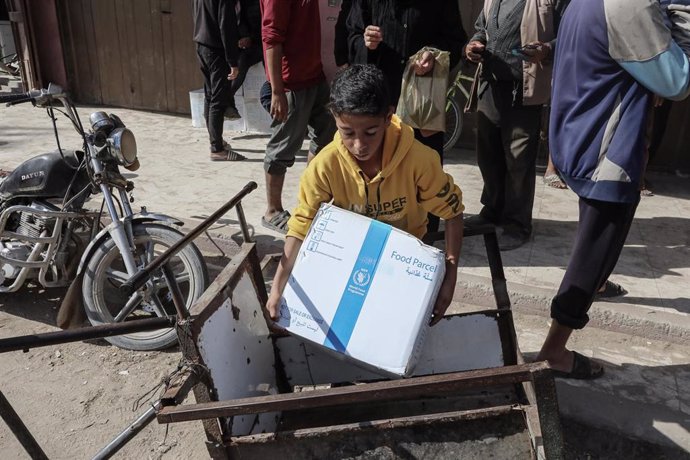 Un niño palestino transporta una caja con ayuda humanitaria del Programa Mundial de Alimentos en la Franja de Gaza