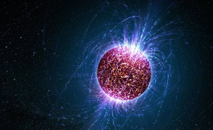 Concepción artística de una estrella de neutrones altamente magnetizada. Según la teoría actual, los axiones se crearían en el interior caliente de la estrella de neutrones.