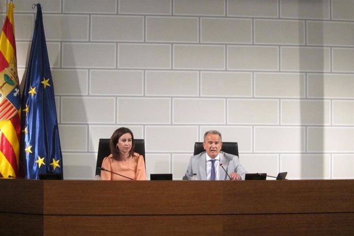 Archivo - La vicepresidenta de la DPZ, Teresa Ladrero, y el presidente, Juan Antonio Sánchez Quero, durante el pleno ordinario de julio de la institución provincial.