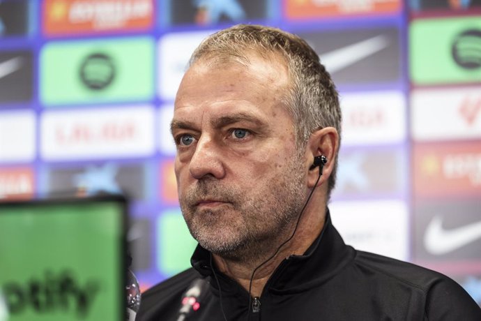 Hansi Flick, head coach of FC Barcelona attends his press conference during the training day of FC Barcelona ahead the Spanish League, La Liga EA Sports, football match against Real Sociedad at Ciudad Esportiva Joan Gamper on November 09, 2024 in Sant Joa