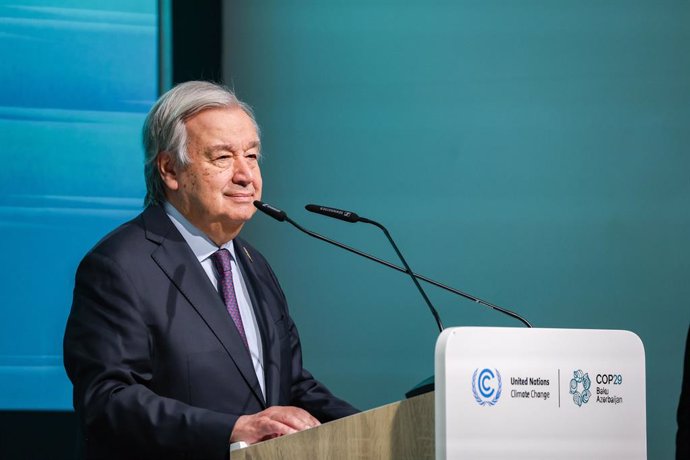 21 November 2024, Azerbaijan, Baku: UN Secretary General, Antonio Guterres, speaks to the press after a whirlwind world travel returning to COP29 to give an update on what was the overall feeling at the G20 summit in Brazil. Photo: Bianca Otero/ZUMA Press