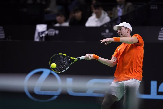 Botic Van de Zandschulp of Netherlands in action against Daniel Altmaier of Germany during the Davis Cup 2024 tennis match, Quarter Finals, played between Germany and Netherlands at Martin Carpena Pavilion on November 22, 2024, in Malaga, Spain