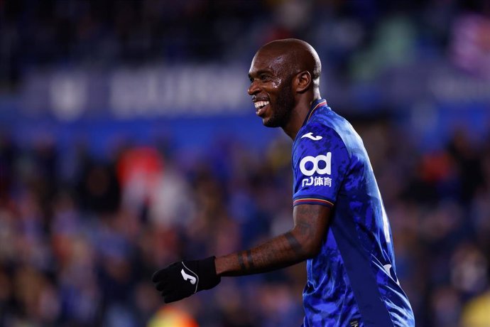 Allan Nyom of Getafe CF celebrates a goal during the Spanish League, LaLiga EA Sports, football match played between Getafe CF and Real Valladolid at Coliseum de Getafe stadium on November 22, 2024, in Getafe, Spain.