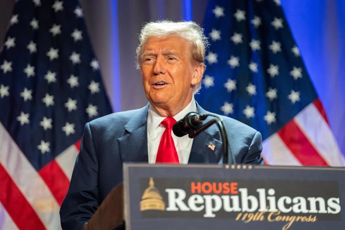 November 13, 2024, Washington, District Of Columbia, USA: United States President-elect Donald J. Trump speaks during a meeting with House Republicans at the Hyatt Regency Hotel in Washington.