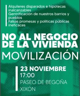 Cartel de la movilización convocada en Gijón el próximo día 23 por el Sindicatu Vivienda d'Asturies.