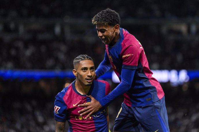 Raphael Dias "Raphinha" of FC Barcelona celebrates a goal during the Spanish league, La Liga EA Sports, football match played between Real Madrid and FC Barcelona at Santiago Bernabeu stadium on October 26, 2024, in Madrid, Spain.