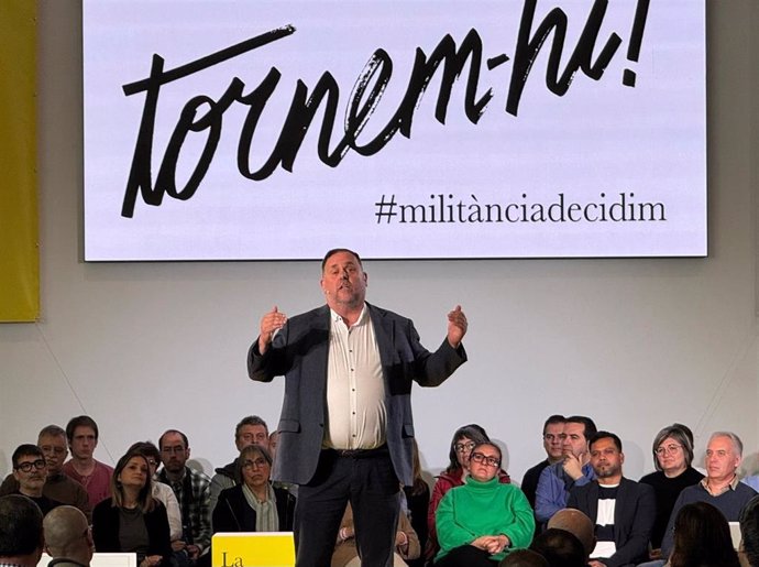 El expresidente de ERC y candidato a la reelección, Oriol Junqueras, en el acto central de 'Militància Decidim' en la TecnoCampus de Mataró (Barcelona)