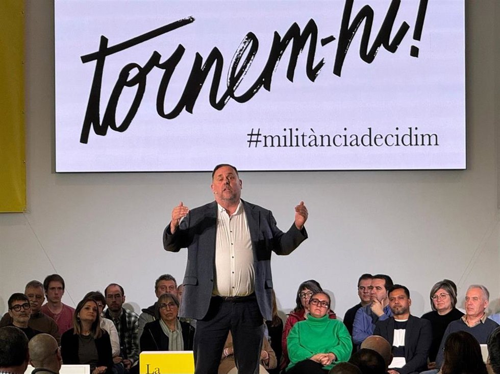 El expresidente de ERC y candidato a la reelección, Oriol Junqueras, en el acto central de 'Militncia Decidim' en la TecnoCampus de Mataró (Barcelona)