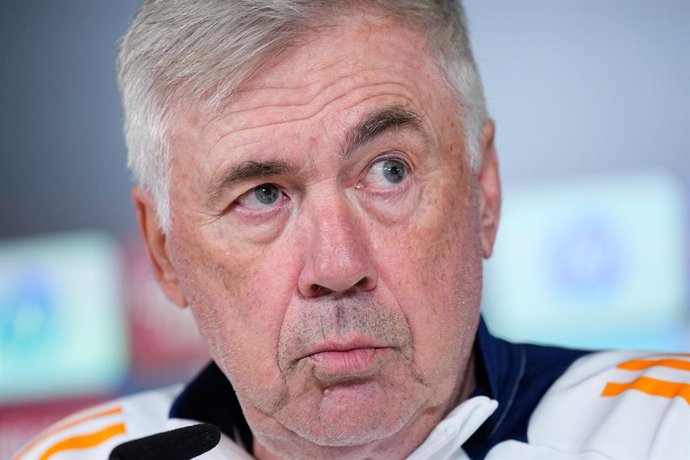 Carlo Ancelotti attends his press conference during the training day of Real Madrid ahead the Spanish League, LaLiga EA Sports, football match against CA Osasuna at Ciudad Deportiva Real Madrid on November 08, 2024, in Valdebebas, Madrid, Spain.