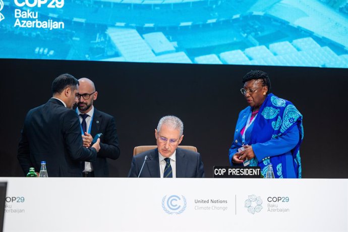 HANDOUT - 24 November 2024, Azerbaijan, Baku: COP29 President Mukhtar Babayev pictured during the closing plenary of COP29. Photo: -/COP29/dpa - ATTENTION: editorial use only and only if the credit mentioned above is referenced in full