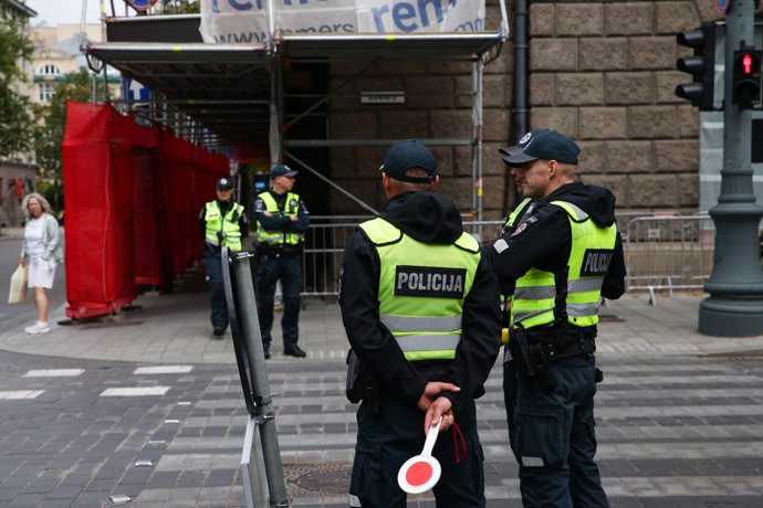 VILNIUS, July 11, 2023  -- Police personnel are on duty on a street in Vilnius, Lithuania, July 10, 2023. The NATO summit is slated for July 11-12 in Vilnius.