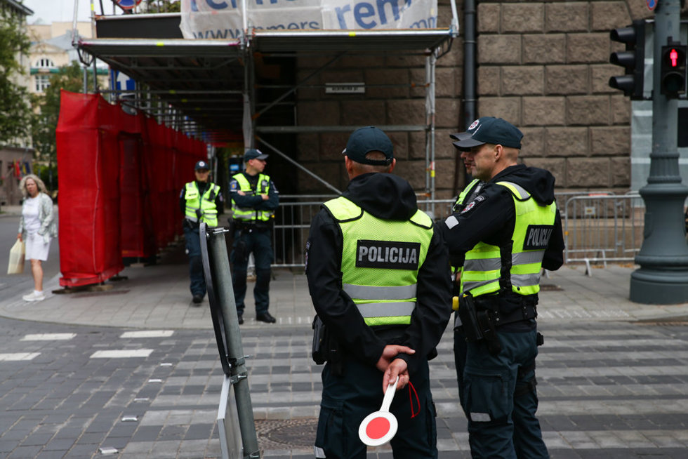VILNIUS, July 11, 2023  -- Police personnel are on duty on a street in Vilnius, Lithuania, July 10, 2023. The NATO summit is slated for July 11-12 in Vilnius.