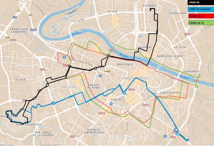 Plano con el desdoblamiento de la línea 24 y la prolongación de la 38 hasta Valdefierro