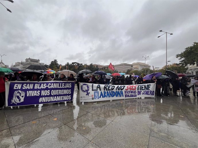 La Plataforma de trabajadoras de la Red de Violencia de Género del Ayuntamiento y la Comunidad de Madird se han manifestado este lunes frente al Palacio de Cibeles