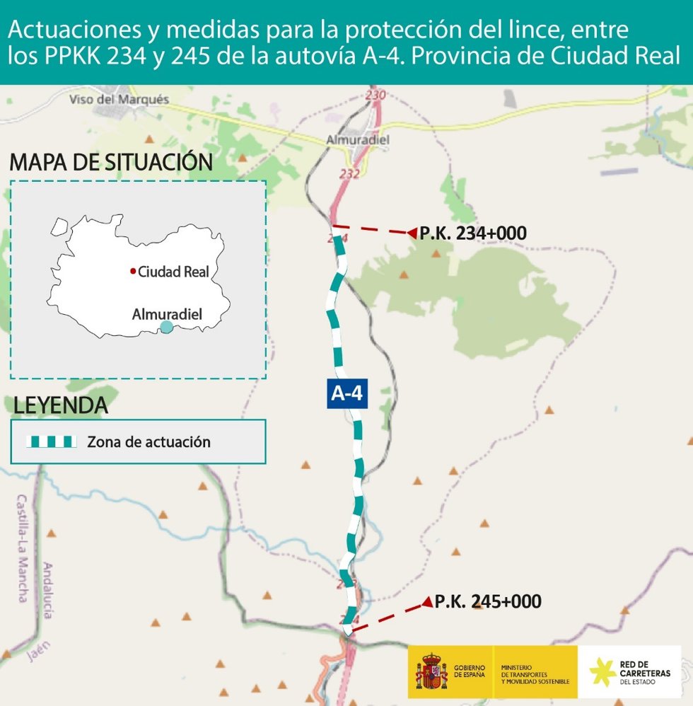 Mapa de las obras en 12 km de la A-4 para proteger el lince ibérico en la provincia de Ciudad Real.