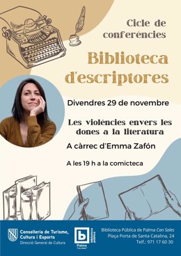 Convocatoria de la conferencia de Emma Zafón en Can Sales sobre la violencia machista en la literatura.