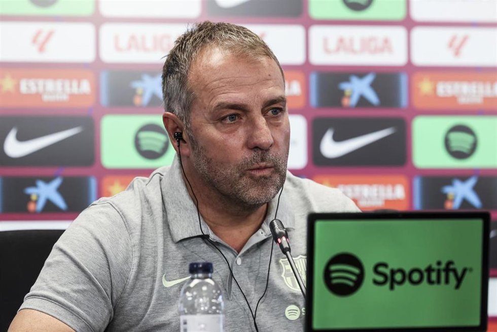 Hansi Flick, head coach of FC Barcelona attends his press conference during the training day of FC Barcelona ahead the Spanish League, La Liga EA Sports, football match against RC Celta at Ciudad Esportiva Joan Gamper on November 22, 2024 in Sant Joan D