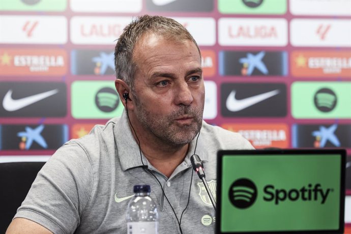 Hansi Flick, head coach of FC Barcelona attends his press conference during the training day of FC Barcelona ahead the Spanish League, La Liga EA Sports, football match against RC Celta at Ciudad Esportiva Joan Gamper on November 22, 2024 in Sant Joan Des