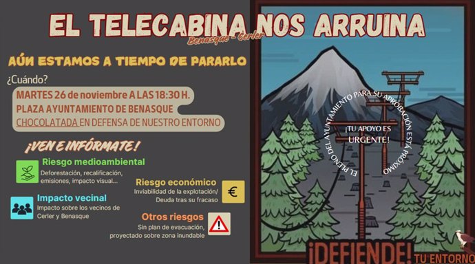 Carte de la concentración de protesta convocada para este martes 26 contra el proyecto de la telecabina que unirá Benasque y Cerler.