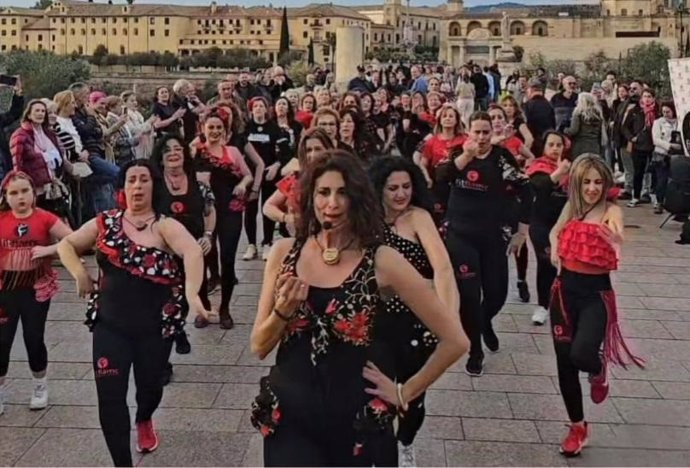 Un momento del  'flashmob' en el Puente Romano de Córdoba.