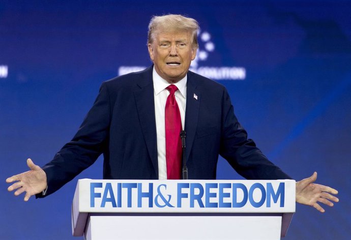 Archivo - 24 June 2023, US, Washington: Former US President Donald Trump delivers the keynote address at the Faith & Freedom Coalition .