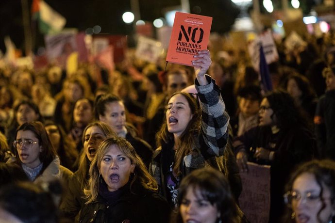 Una mujer levanta un libro de Cristina Fallarás durante la manifestación organizada por la Comisión 8M con motivo del 25N y bajo el lema "Juntas, el miedo cambia de bando", desde Atocha hasta la calle Alcalá, a 25 de noviembre de 2024, en Madrid (España).