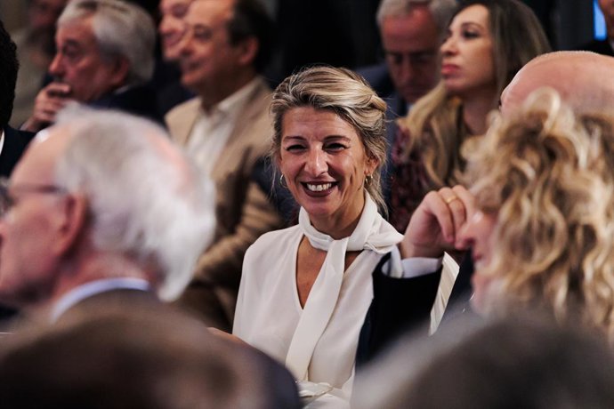 Archivo - La ministra de Trabajo y Economía Social, Yolanda Díaz, durante un desayuno informativo del secretario general de CCOO, Unai Sordo, y organizado por Nueva Economía Fórum, en el Hotel Mandarin Oriental Ritz, a 21 de octubre de 2024, en Madrid (