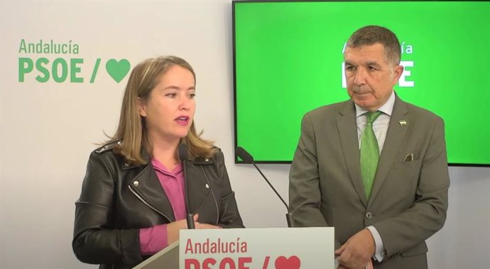 Los parlamentarios del PSOE-A Alicia Murillo y Gaspar Llanes, en rueda de prensa en la sede del PSOE-A.