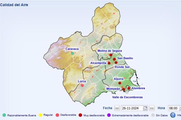 Mapa que muestra la calidad del aire en función de las estaciones medidoras