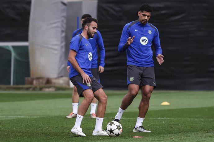 Eric Garcia and Ronald Araujo during the training day of FC Barcelona ahead UEFA Champions League, football match against Stade Brestois 29 at Ciudad Esportiva Joan Gamper on November 25, 2024 in Sant Joan Despi, Barcelona, Spain.