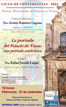 Cartel de la ponencia sobre la portada del Palacio de Viana.