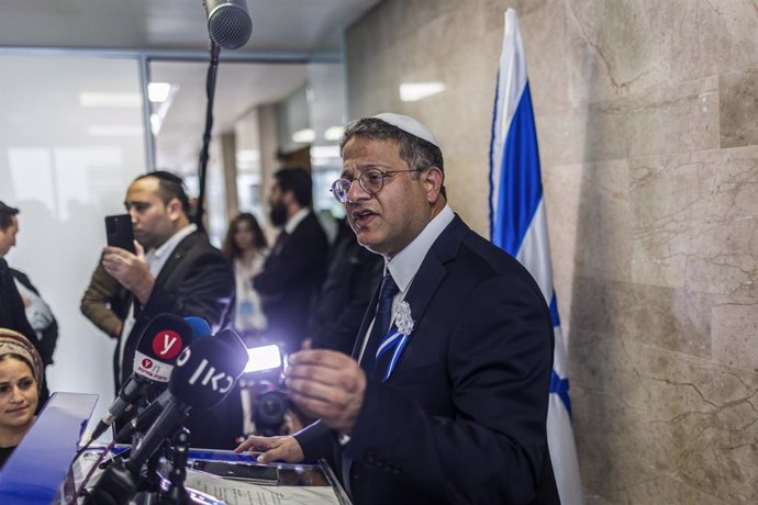 Archivo - 15 November 2022, Israel, Jerusalem: Israeli far right Knesset member Itamar Ben Gvir speaks to the media ahead of the swearing in of Israel's 25th parliament (Knesset). Photo: Ilia Yefimovich/dpa