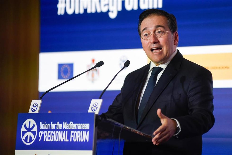 El ministro de Exteriores de España, José Manuel Albares, durante el 9 Foto Regional de la UpM, Unión por el Mediterráneo, en el Palau de Congreso de Catalunya, a 28 de octubre de 2024, en Barcelona, Cataluña (España). UpM se celebra cada año en Barcel
