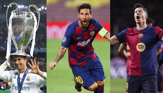 De izquierda a derecha, los máximos goleadores históricos en la Liga de Campeones: Cristiano Ronaldo, Leo Messi y Robert Lewandowski