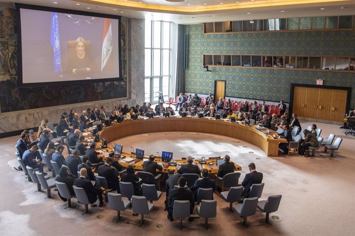 Archivo - HANDOUT - 03 December 2019, US, New York: Jeanine Hennis-Plasschaert (on screen), United Nations envoy for Iraq, speaks at the Security Council meeting concerning Iraq, at the UN headquarters. Photo: Eskinder Debebe/UN SC/dpa - ATTENTION: editor