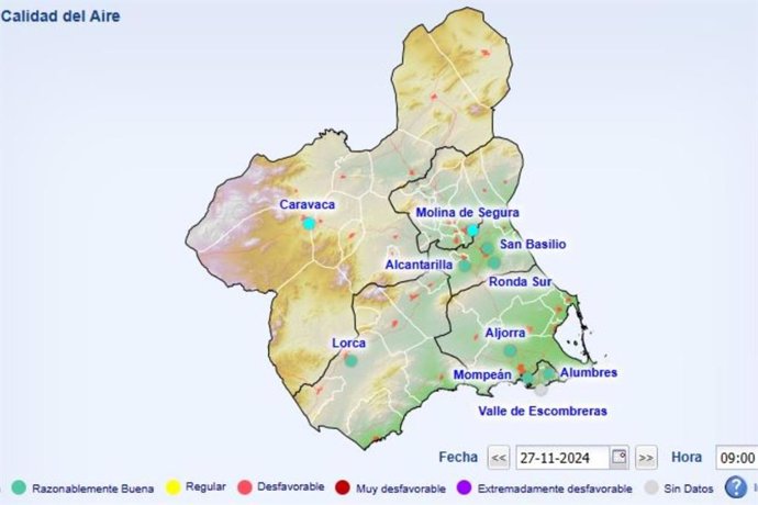 Imagen del estado de la calidad del aire en las estaciones medidoras de la Región de Murcia