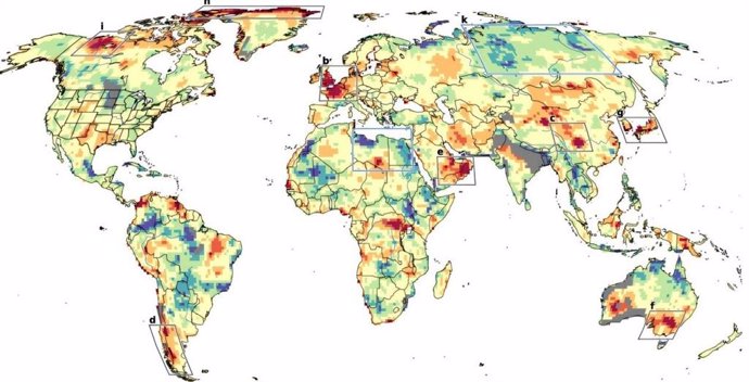 Regiones en las que las olas de calor observadas superan las tendencias de los modelos climáticos. En rojo, las más extremas.