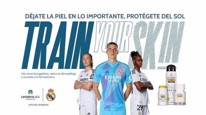 Los jugadores del Real Madrid Lunin, Weir y Peller protagonizan la campaña 'Train your Skin' de Cantabria Labs junto con el club blanco.