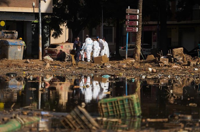 Labores de limpieza en una zona afectada por la DANA, a 17 de noviembre de 2024, en Paiporta, Valencia, Comunidad Valenciana (España). El Cecopi ha emitido una nueva orden de restricción a la movilidad de vehículos, que tendrá vigencia hasta el próximo 22