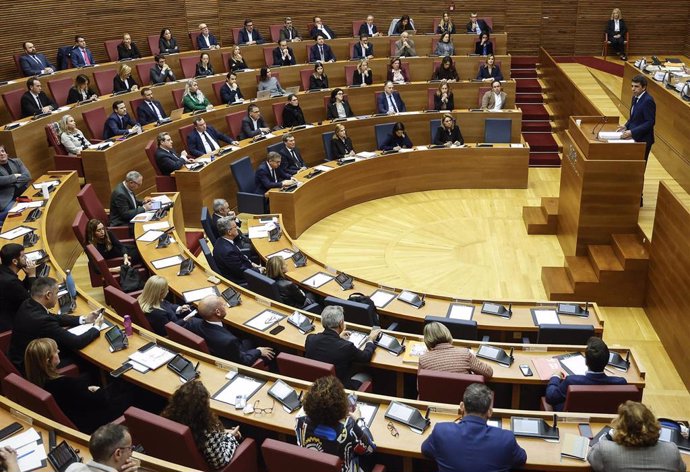 El presidente de la Generalitat Valenciana, Carlos Mazón, interviene durante una sesión plenaria, en Les Corts Valencianes, a 15 de noviembre de 2024